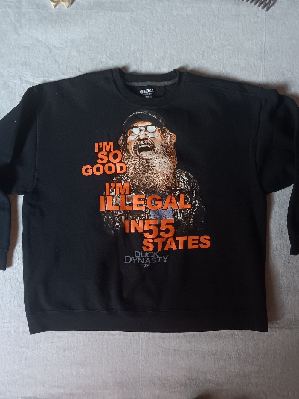 Gildan Black Crewneck Sweatshirt with Orange Duck Dynasty Graphic
